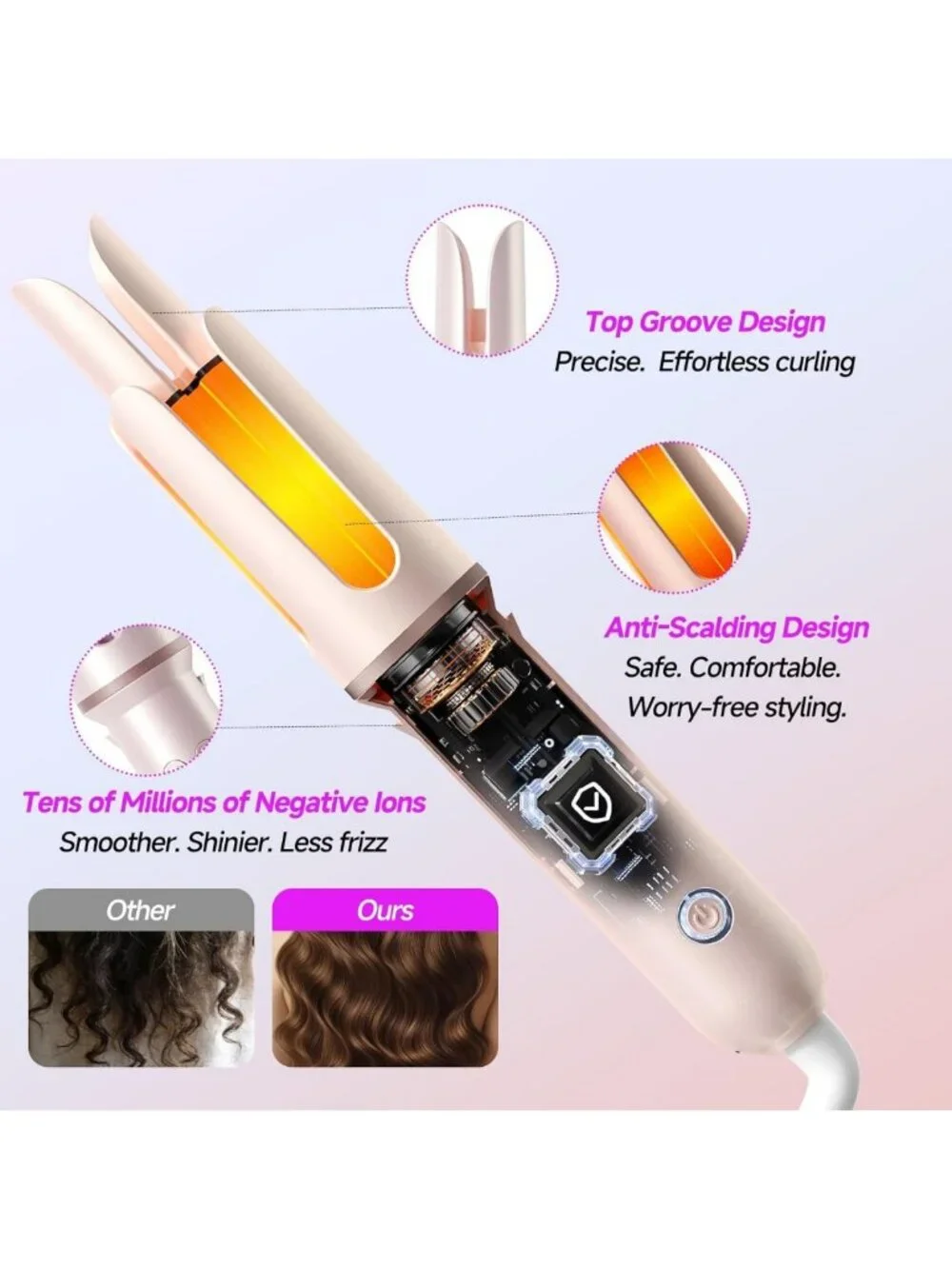 Automatic Curling Iron 1.25” Rotating Wand for Beach Waves & Loose Curls, Ionic